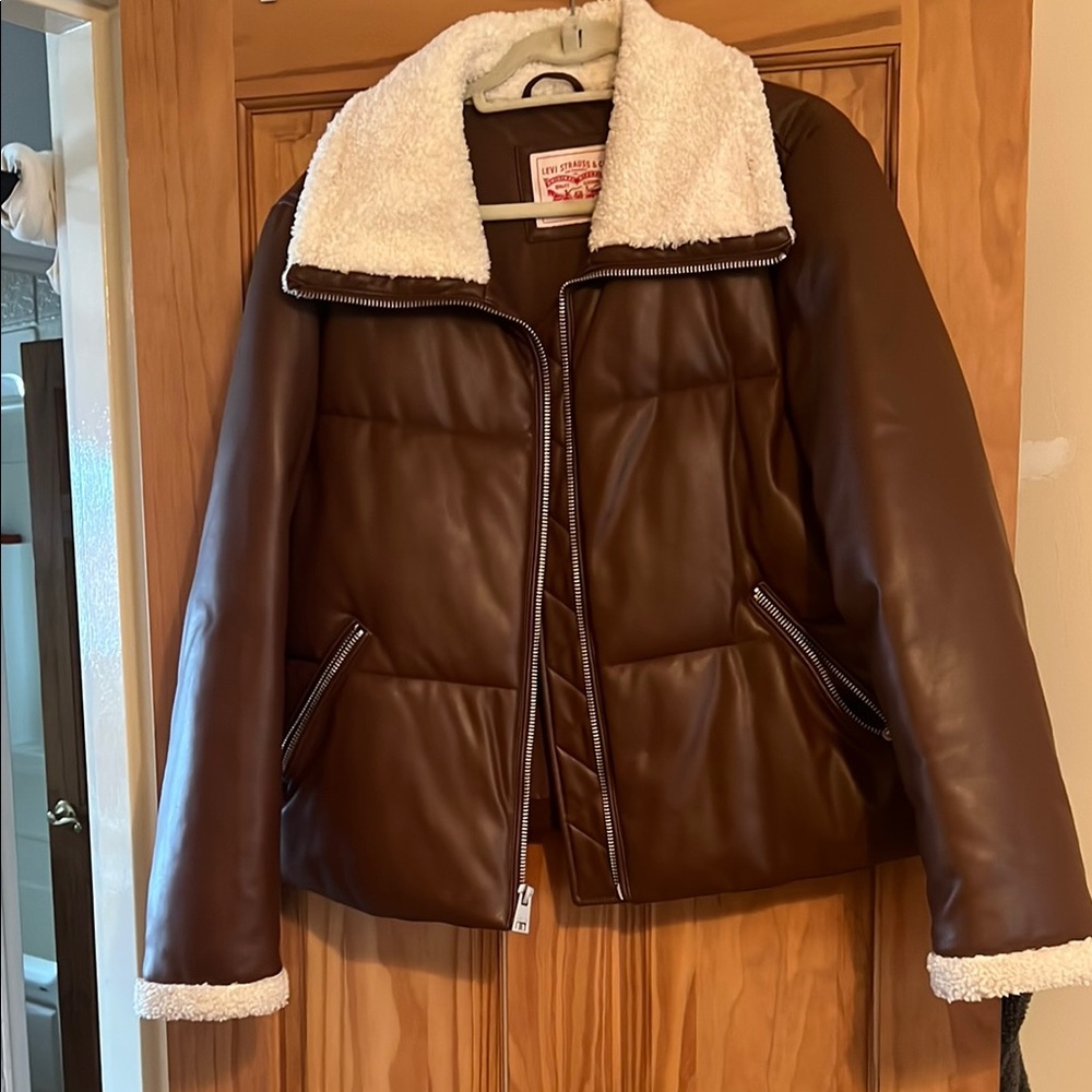 Levi coated Brown Faux Leather Jacket with Shearling Collar